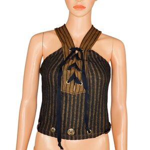 Vintage 90s Corset Tank Halterneck Grunge Whimsigoth Button Lace Up Detail SZ S
